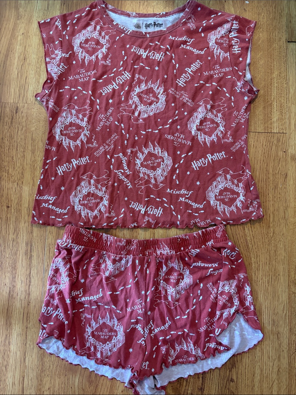 Women's Rust Red Harry Potter Marauder's Map Short Pajama Set Size Large